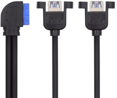 CY Câble USB 3.0 coudé vers la gauche 19/20 broches vers USB 3.0 double ports femelles à vis de type câble 90 degrés 5 Gbps