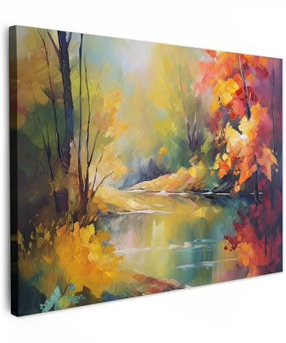 MuchoWow© Leinwand 70x50 cm Deko Schlafzimmer Aesthetic Leinwandbilder Wohnzimmer Gemälde Foto Geschenk Living Room Decoration Kunstdruck - Landschaft - Öl - Fluss - Bunt