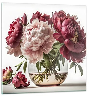 Moderne Impression sur Verre Bouquet De Fleurs Vase Pivoines Image Tableau en Verre Decoration Murale 60x60cm Deco Cadre Salon Chambre Cuisine Carré Grand Tableaux Decoratifs Muraux Art GAC60x60-5798