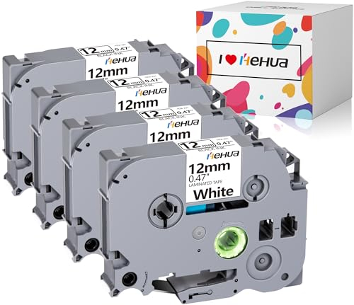 4x Hehua TZe231 Kompatibel mit Brother P Touch 12mm Bänder, TZe Schriftband TZe-231 TZe 231 0.47 Laminiertes Bänder kompatibel für Ptouch H110 H107b H105 H100lb H1010, Schwarz auf Weiß (12mm x 8m)