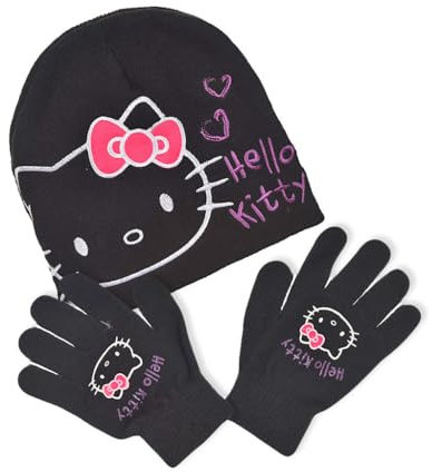 Hello Kitty Set aus Mütze und Handschuhen für Kinder, offizielles Lizenzprodukt, Schwarz, Größe 52, Schwarz