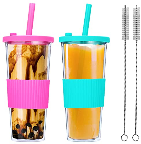 2 Pack Reusable Boba Tea Cups, 24oz Leakproof Double Wall Smoothie Tumbler, Iced Coffee Cup, Wide Straw for Bubble Tea (Green & Rosepink)
