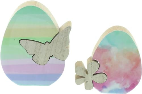 khevga Osterdekoration Eier zum Stehen mit Blumen und Schmetterling Motiv aus Holz 2er Set