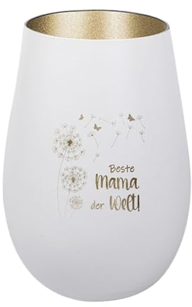 Der-Porzellan-Laden Windlicht mit Gravur Beste Mama der Welt, Weiß Gold, Teelichthalter aus Glas mit Spruch, Tischdeko modern