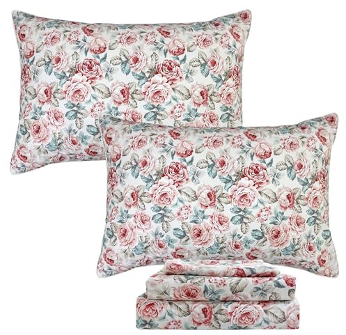 FADFAY Rose Floral Sheets Queen Vintage Red Floral Bedding Shabby Rustic Rose Sheets French Country Farmhouse Bedding 800 Thread Count 100% Egyptian Cotton Deep Pocket Fitted Sheet 4Pcs, Queen Size