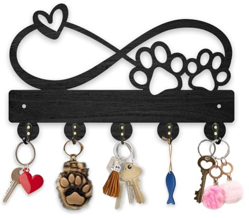 MAYJOYDIY Porte-manteau mural en bois avec motif empreintes de pattes et cœurs - 30 x 18,3 cm - 5 crochets en alliage - Noir - Pour entrée, maison