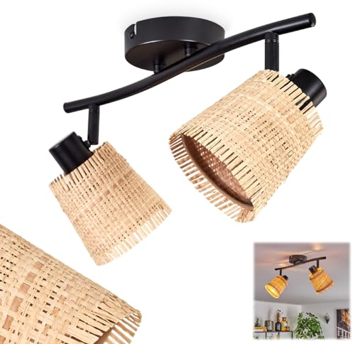 Deckenleuchte Lindberg, moderne Deckenlampe aus Metall/Bast in Schwarz/Natur, 2-flammig, mit verstellbaren Strahlern, Leuchte im skandinavischen Design, 2 x E14, ohne Leuchtmittel