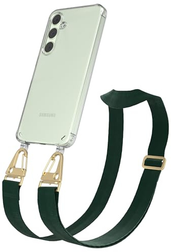 EAZY CASE - Hülle mit Band kompatibel mit Galaxy S24 Plus Handyhülle mit Umhängeband Silikonhülle Transparent Schutzhülle Handykette zum Umhängen Handykordel Smartphone in Pinien Grün - Clips Gold