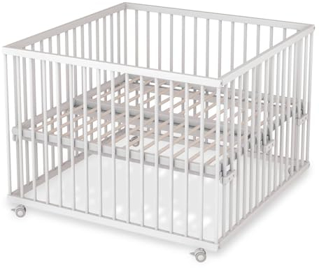 Sämann Laufstall Baby mit Lattenrost | stufenlos höhenverstellbar | Laufgitter Premium | Babybett aus Holz | Krabbelgitter (weiß, 100x100 cm)