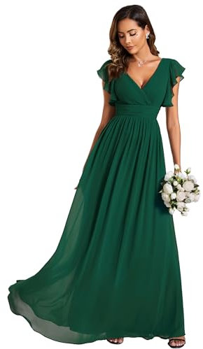 Ever-Pretty Women Dresses Bridesmaid Wedding Guest Dress Elegant Chiffon A-Line Ruffles Sleeve Dark Green 22UK