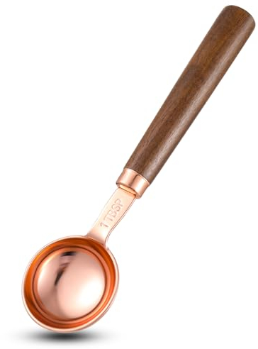 Andibro Cuillère doseuse à café, 1 pièce de 15 ml, 1 cuillère à soupe rétro or rose, cuillère doseuse avec poignée en bois de noyer et acier inoxydable pour café moulu, grains de café, thé, matcha (15