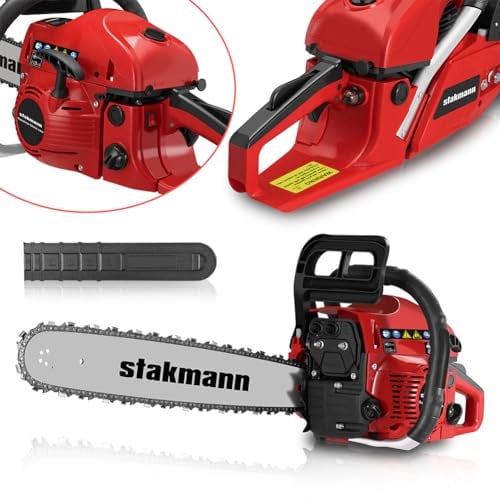 Stakmann Motosega Benzina a Scoppio Due Tempi Con Lama 50 cm, Interruttore di Sicurezza Freno Catena e Tanica Olio Taglia Rami Legna Giardino Albero Avviamento Veloce Sistema Antivibrante (62 cc)
