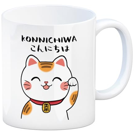 Winkekatze Kaffeebecher mit Spruch Konnichiwa Glücksbringer im kawaii Manga-Stil Perfekter Gruß und Danke-Geschenk Glückskatze bringt Freude und Glück