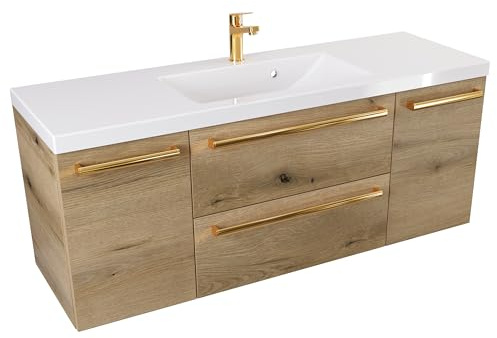 Furni Loft-Waschbeckenunterschrank 120 D ATH DC - Mattes Holz - Polierter Goldgriff