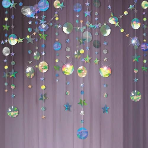 52Ft Rainbow Party Decorations - Holographic Rainbow Hanging Paper Garland (4 Pack)