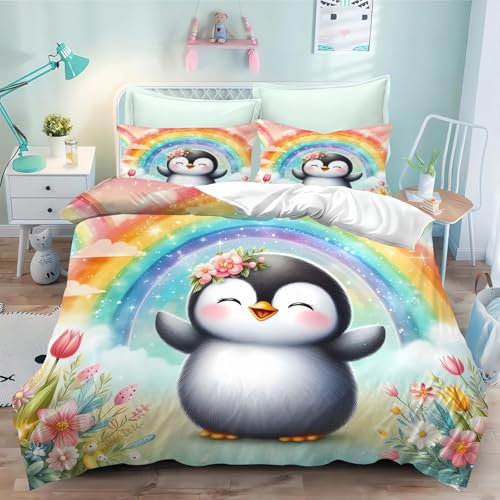 CYSYLQW Pinguin Bettwäsche 135x200 Kinder Biber Pinguin Bettwäsche Set Für Jungen Mädchen 3D Drucken 100% Mikrofaser Süße Pinguin Bettbezug Und Kissenbezug (135 x 200 cm,1)