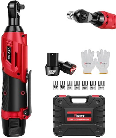 EFAN Cordless Ratchet Wrench, 12V Electric Ratchet Set, 3/8 Ratchet Wrench with 2 * 1.5Ah Batteries & Charger, Includes 7 Sokets, 40N.m, 90¡ã Right Angle Power Wrench Tool kit (Red)