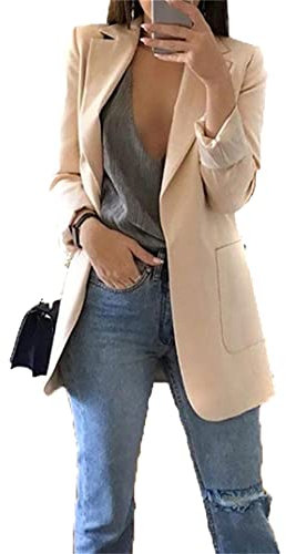 EFOFEI Femme Blazer Slim Fit OL Bureau Affaires Costume avec Doubles Poches Blazers Décontractés À Manches Longues Cardigan Blouson Jacket Beige L