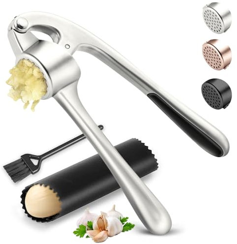 Knoblauchpresse aus Edelstahl, hochwertig, rostfrei und spülmaschinenfest, langlebiges Knoblauchzerkleinerer-Set mit Schäler und Bürste, leicht zu reinigen und zu drücken, matt