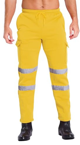 CHICTRY Pantaloni Funzionali Catarifrangenti da Lavoro Uomo in Pile Pantaloni della Tuta Riflettenti di Sicurezza ad Alta visibilità Pantaloni da Jogging Pants Giallo XXL