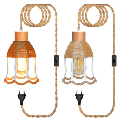 2 Pezzi Kit Cavo a Corda per Lampadario, 500 CM Cavo per Lampada in Corda, E27 Legno Portalampada con Corda di Canapa, Inclusi Fiore Forma Paralume, Lampada Sospensione con Spina, Industriale Stile