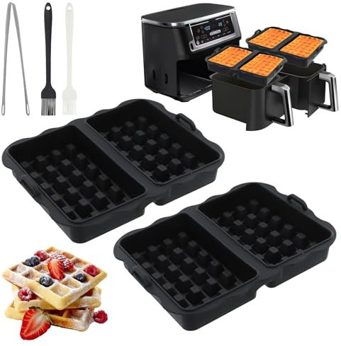 2 Stück Waffeleinsatz für Ninja AF400EU AF451EU AF500EU, Silikon Waffelform für Airfryer Heißluftfritteuse Waffeln mit Bürste Clip, Doppelt Backschaleneinsatz Belgische Waffeleisen Zubehör (B)