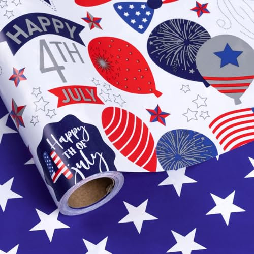 LeZakaa Wendbare patriotische Geschenkpapierrolle, Happy 4th of Juli & Stars in Navy Blue Design, für Unabhängigkeitstag, Gedenktag, Urlaub, Mini-Rolle, 43,2 cm x 32,8 Fuß (46,45 m²)