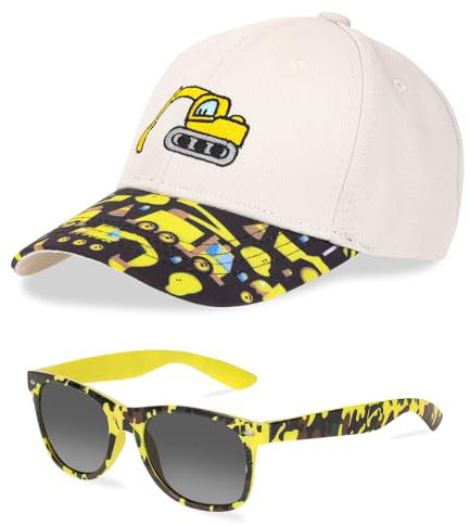 Baseball Cap Kinder Sonnenbrillen, Kinder Kappe mit Besticktem Bagger Cartoon Snapback Cap Sommer Schirmmütze UV Schutz Verstellbar Basecap für Junge 2-8 Jahre, Ideal für Freizeit und Outdoor-Sport