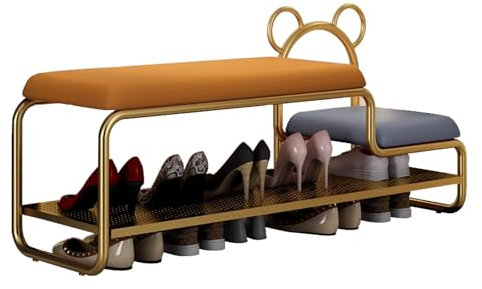 Sitzbank mit stauraum Metall Shoe Rack Cabinet Sitzbank mit Stauraum gepolstert schuhschrank Mit kleinem Hocker for Flur, Wohn und Schlafzimmer(Orange+Gold,60cm)