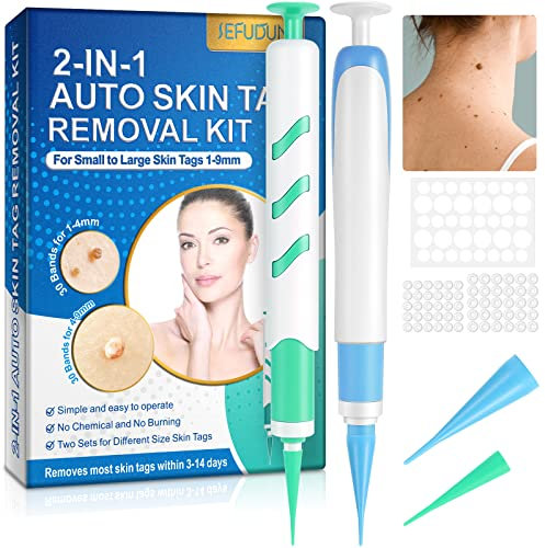 Skin Tag Remover Pens Kit, 2-in-1 for 1-9MM Size with 60Pcs Removal Rubber Bands, Drug-Free & Safe, Painless & Easy to Use (Blue+Green)