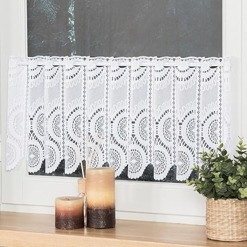 Gardinen Vorhangen Weiß Jacquard 200x70 cm (BxH) Emira Kurze Gardine Scheibengardine Für Küche Und Mehr Fertig Zum Aufhängen 1 Stück