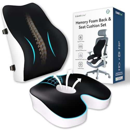 Travel Ease Set de Cojín de Asiento y Almohada Lumbar de Espuma Viscoelástica, Confort Ergonómico para Silla de Oficina, Coche, Uso Doméstico y Viajes, Soporte para Espalda y Glúteos, Negro
