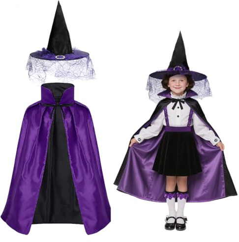 Augesak Vestito Strega Halloween Bambina,Costume da Cosplay Bambina,Cappello a Punta con Tulle,Mantello Strega-Nero e Viola Reversibile per Halloween Carnevale Giochi Ruolo