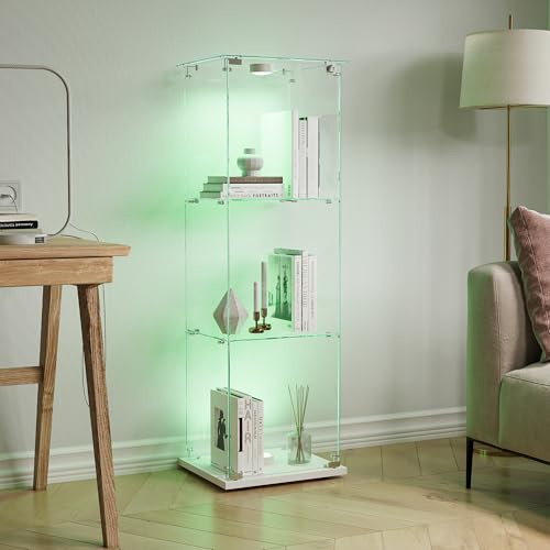 BPKADHY Glasvittrinskap med LED-belysning, stående vitrinskap med 3 glashyllor och 1 glasdörr som kan låsas, vitrinskap för vardagsrum, kontor, samlarobjekt, böcker, vin, vit