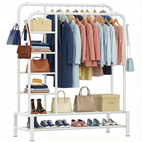 ZHKINGGS Clothes Rail for Bedroom - 100KG Clothing Rail for Hanging Clothes, Storage Shelves & 4 Coat Hooks, Double Clothes Rack for Living Room, Laundry, Shop (Modern, White)