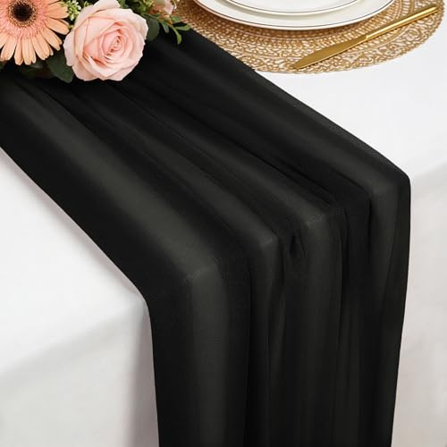 Tischläufer Schwarz Chiffon, 77 X 300 cm Weich und Bequem Tischläufer für Boho Hochzeit, Party, Taufe Dekor, Babyparty, Brautparty Küche Tisch Dekoration