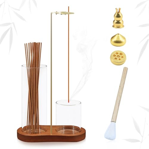 Yeria Hållare för rökelsestavar – 8-forms glasrökelseskål med 3 doftpinnar, rengöringsborste, rökelseset för hem, meditation, yogadekoration inklusive rökelse och sandelträ rökelser