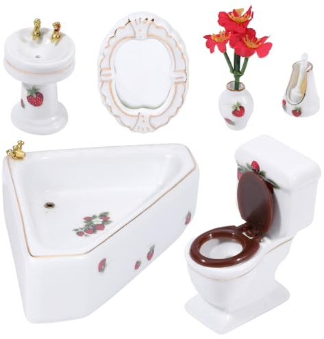 WADORN 6 Stück Porzellan Puppenhaus Badezimmer Set 1:12 Maßstab Weiß Miniatur Möbel mit Keramik Toilette Badewanne Waschbecken Säule Bürste Spiegel für Puppenhaus Sammlung Vorgeben Spiel Geschenk