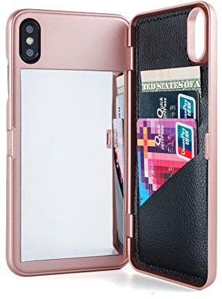 W7ETBEN iPhone Xs Max Mirror Case, iPhone Xs Max Case with Kickstand Built-in Mirror Shockproof Card Holder Wallet Cover for Apple iPhone Xs Max 6.5 Inch (Rose Gold)