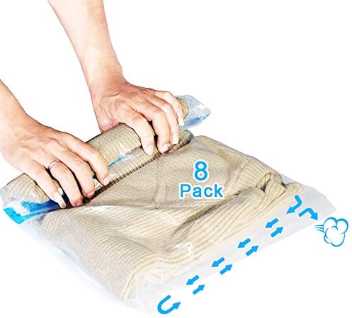 AOBETAK Sacchetti Sottovuoto per Vestiti da Viaggio,8 PZ Sacchi Buste Sottovuoto Riutilizzabili Salvaspazio,Senza Aspirapolvere o Pompa,4 medie (40x60cm)+4 grandi(50x70cm) vaccum storage bag