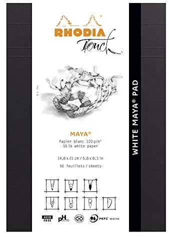 Rhodia 116102C - Notizblock White Maya Pad, kopfseitig geheftet, A5 (14,8x21 cm), 50 Blatt mikroperforiert, blanko, Clairefontaine Papier Maya weiß 120g, Schwarz, 1 Stück