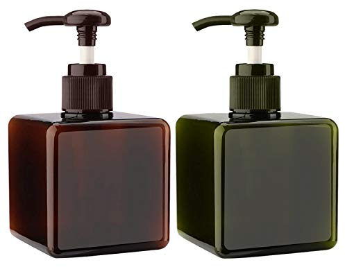 Alledomain 2PCS 250ml / 8.5oz Pump Dispenser Bottle Empty Refillable Plastic Lotion Pump Bottles, Shampoo Body Wash Shower Square Storage Holder Container Toiletries Liquid Dispenser (Green + Brown)