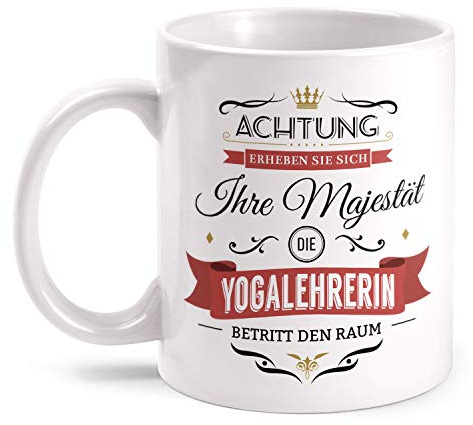 Fashionalarm Tasse Ihre Majestät die Yogalehrerin beidseitig Bedruckt mit Spruch Motiv | Lustige Geschenk-Idee für Yogi Yoga Lehrerin Kurs, Weiß 330 ml