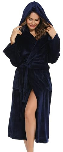 Vlazom Robe de Chambre Polaire Femme, Peignoir Polaire à Capuche Femmes Chaude et Doux Flanelle Pour Hiver Cadeau de Noël,L,A-Bleu marin