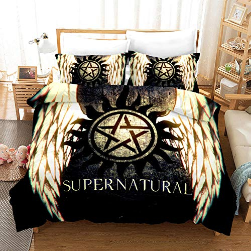 GuoDamei Supernatural Bettwäsche 155x220 cm 3 teilig Bettwäsche Set mit Reißverschluss 1 Mikrofaser Bettbezug und 2 Kopfkissenbezüge 80x80 cm, 100% Weiche Angenehme