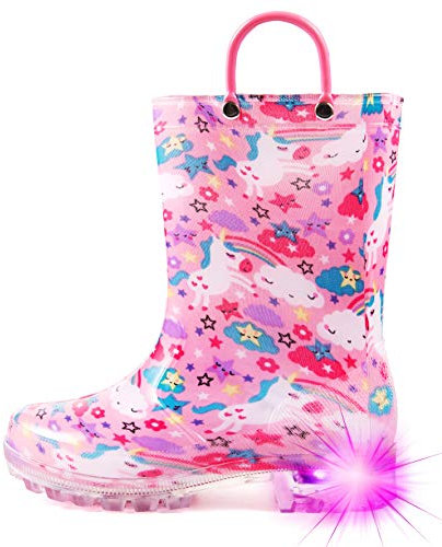Hugrain Adorables bottes en caoutchouc lumineuses pour enfants avec poignées faciles à enfiler, Licorne rose et verte, 29 EU