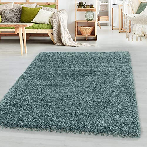 SIMPEX Teppich Wohnzimmer Shaggy 240 x 340 cm Aqua Blau Modern Einfarbig Design - Hochflor Teppich Schlafzimmer Pflegeleicht und Extra Weich - Teppich Flauschig für Küche Esszimmer Kinderzimmer Rug