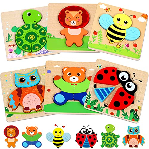 lenbest 6 Stück Holzpuzzle - Tier Montessori Spielzeug - Steckpuzzle Kinderspielzeug Holzspielzeug Lernspielzeug Motorikspielzeug Spielzeug 1 Set ab 2 3 Jahr Jahre - Geschenke Mädchen Junge