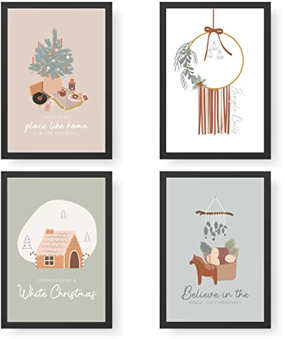Papierdrachen Kunstdrucke Weihnachten 4 Premium Poster DIN A4 | Bilder als Weihnachtsdekoration - Boho Christmas - hochwertig | ungerahmt | Wandbild - Set 2