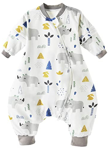 Chilsuessy Baby Ganzjahres Schlafsack Mit Abnehmbare Ärmel und Füßen - 1.5 Tog, 100% Baumwolle, Süßes Nashorn, 90/Baby Höhe 90-100cm